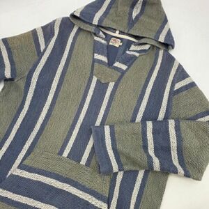 FAHERTY BAJA HOODIE MENS LARGE BLUE GREEN STRIPED WOVEN SOFT PULLOVER SWEATSHIRT